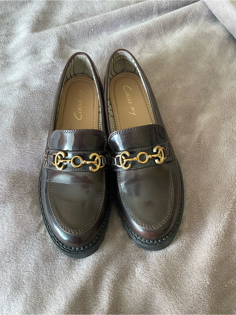 Circus by Sam Edelman Patent Loafers in Dark Brown with Gold Bit